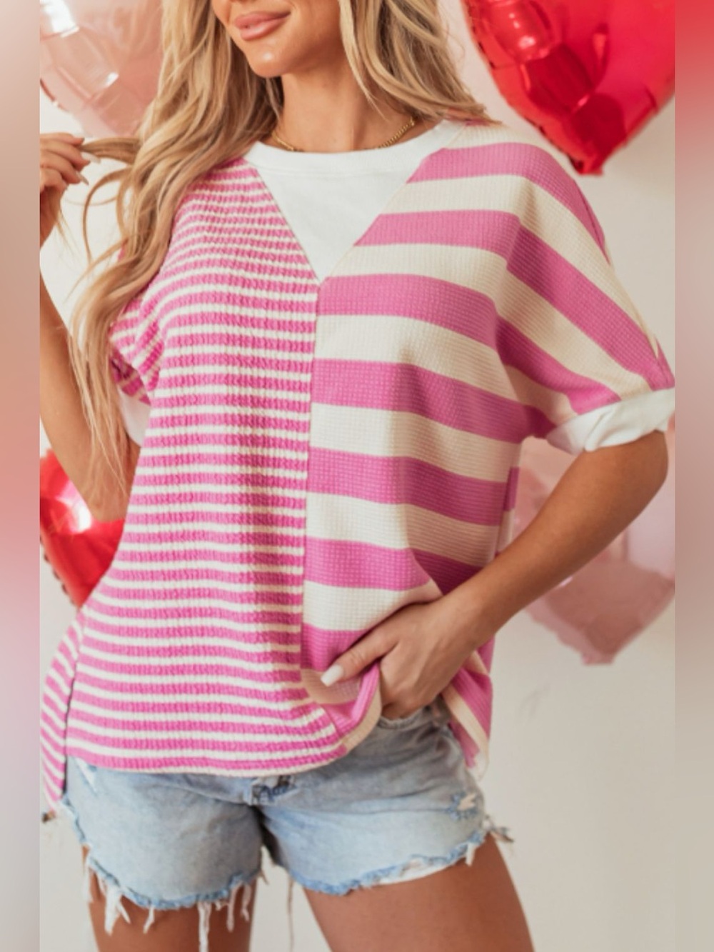 High-Low Striped Round Neck Short Sleeve T-Shirt